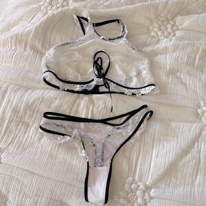 Black and White Lace set lingerie sexy sheer mesh new S/M panty & halter top
